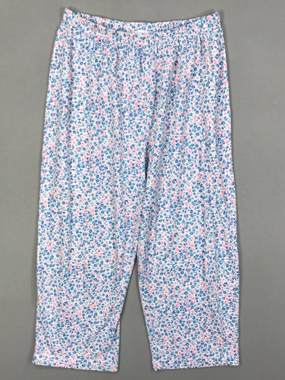 Blair Pants Women's Large Blue Pink Floral Pull On Lounge Capri Stretch Wide Leg